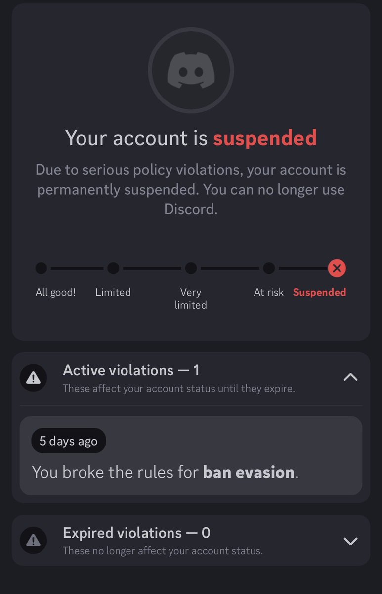 Kevinbr40628614's tweet photo. @discord_support its been 5 days trying to get my account back for false suspension for ban evasion please help getting it back. https://t.co/CCACyE1V7x