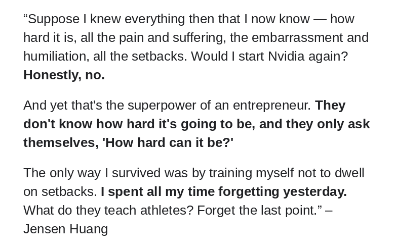 StartupWisdom_'s tweet photo. Jensen Huang on the delusion that lets founders start: https://t.co/tQ2lH2mxk8