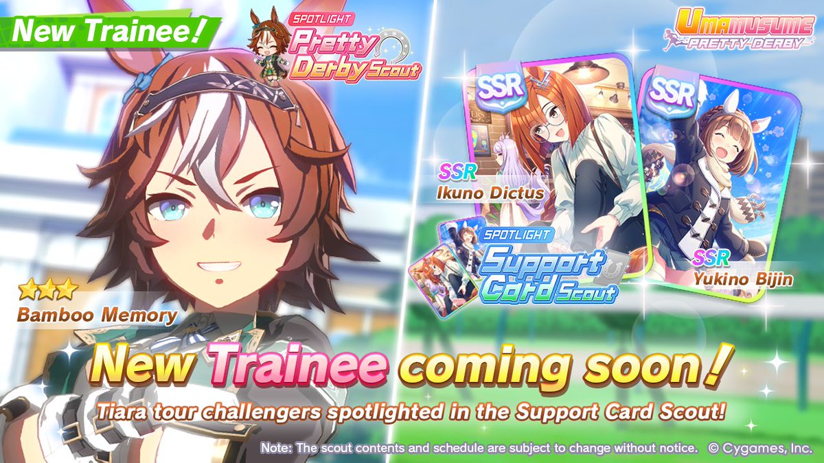 umamusume_eng's tweet photo. 📢 New characters are on their way to debut on Jul 7 (UTC):

🥕 3★ Bamboo Memory will appear in the Pretty Derby Scout!

And featuring Tiara tour challengers:
🤝 SSR Ikuno Dictus and SSR Yukino Bijin will also appear in the Support Card Scout!

#Umamusume https://t.co/0xp59suJQ6