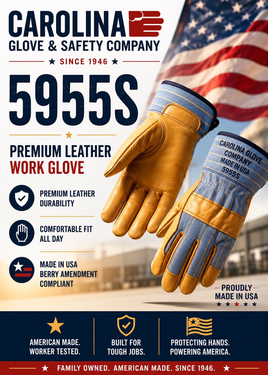 JWAbernethyIV's tweet photo. The strongest supply chain starts with people who still make things.

Proud to be part of a family business that’s been manufacturing gloves since 1946.

The Carolina Glove 5955S. Built to work. 🇺🇸

#AmericanMade #MadeInUSA #manufacturer #usa #safety #gloves https://t.co/nqn4UHcdN7