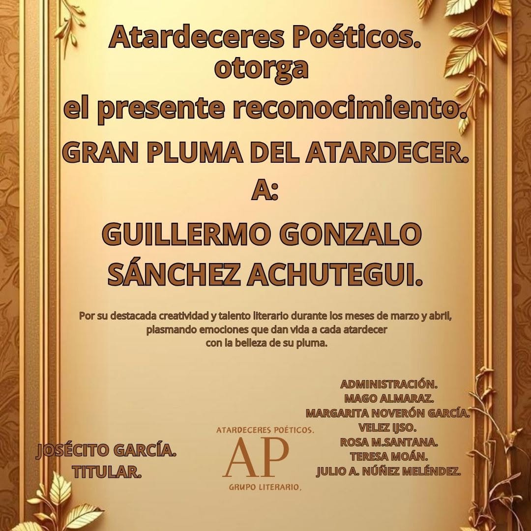 vuelodeunquinde's tweet photo. Guillermo Gonzalo Sanchez Achutegui
Josecito Garcia, muchas gracias poeta por otorgar tan hermoso Reconocimiento "Gran Pluma del Atardecer", que es un altísimo honor recibir y lo acepto con humildad; le hago llegar mi gratitud por tan grandiosa magnanimidad, abrazos Chema. https://t.co/dxsoFdaUAi