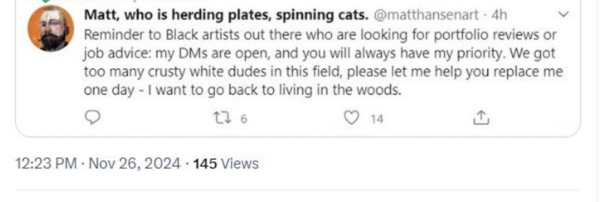 SmashJT's tweet photo. Matt Hansen, the Obsidian Art Director who infamously tweeted they wanted to be replaced by a black person so he could go live in the woods…

Has been fired. https://t.co/ROn7ZcDOKJ