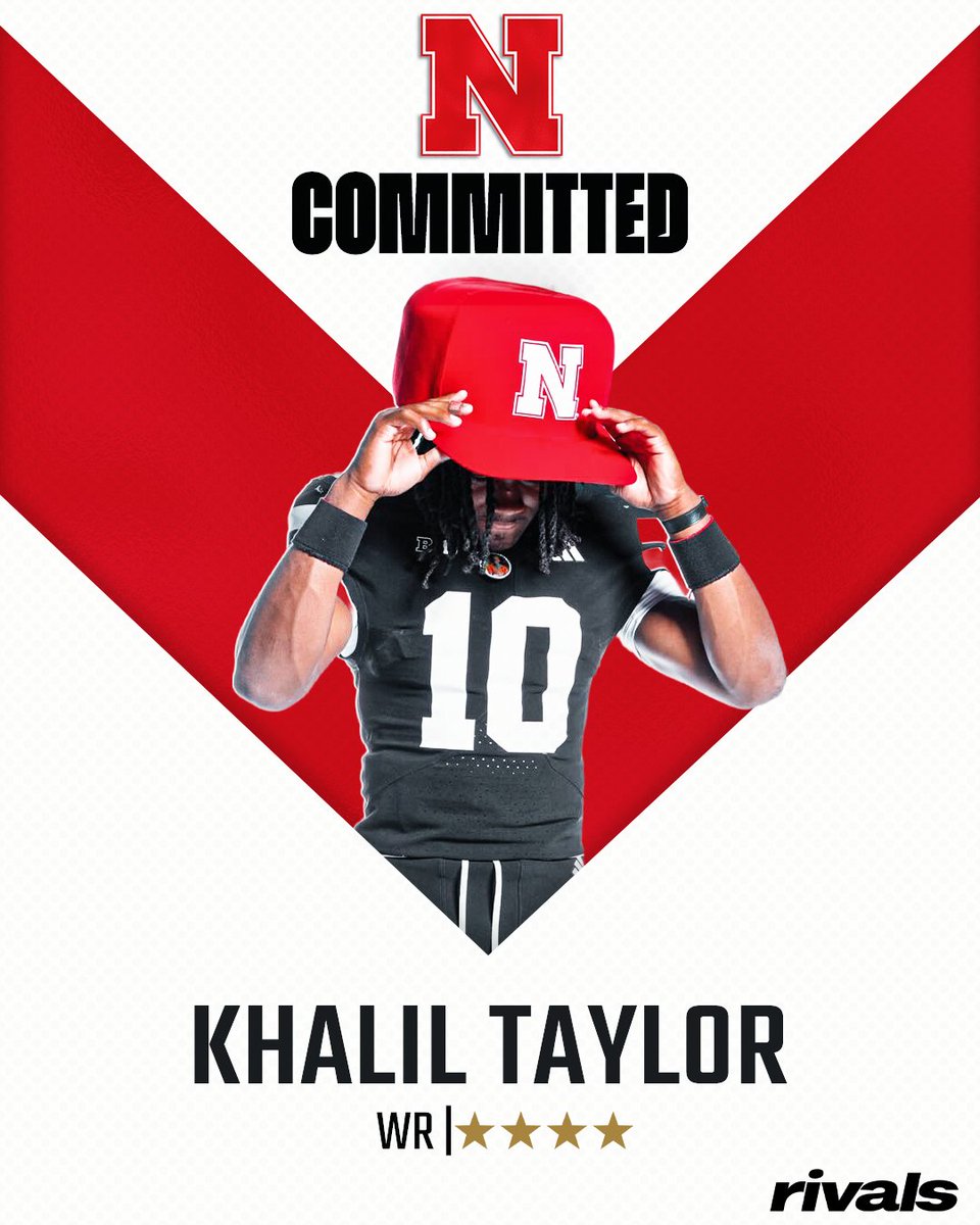 Rivals's tweet photo. 🚨BREAKING🚨 4-star WR Khalil Taylor has committed to Nebraska🌽

Read: https://t.co/3s5HQyjham https://t.co/NFhsrKRZTE