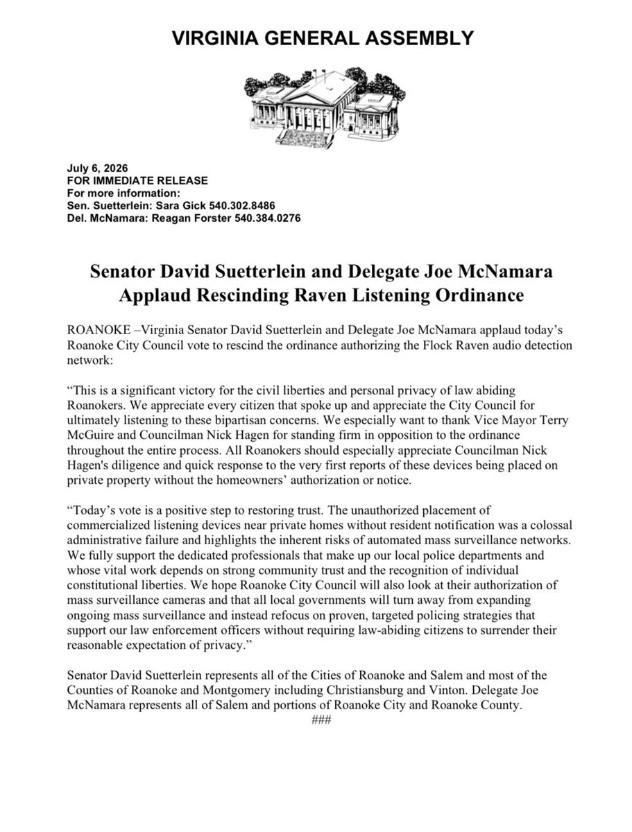 DRSuetterlein's tweet photo. This is a significant victory for the civil liberties and personal privacy of law abiding Roanokers. We appreciate every citizen that spoke up and appreciate the City Council for ultimately listening to these bipartisan concerns… https://t.co/pchtVBPCms