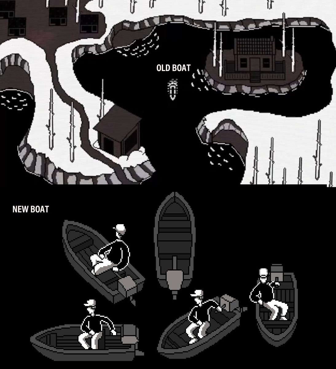 vinniephael's tweet photo. idecided to redesign the old map by making the assets larger, which also lets me expand exploration around Hopefield Lake ^^ and drawing all of these different angles for the boat has been a lot of work, but I think it'll be worth it. #indiegame #gamebr #horrorgames  #pixelart https://t.co/wmz8tVzPu6