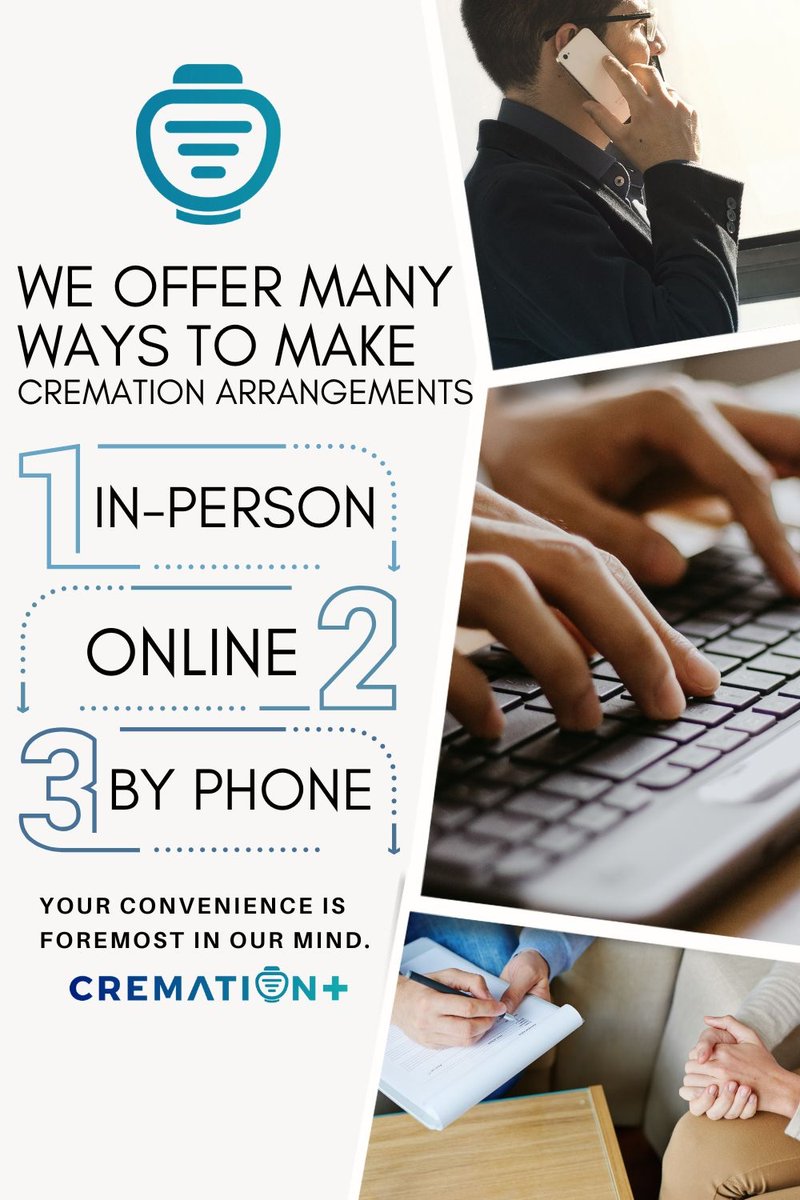 CremationPlus's tweet photo. At Cremation Plus, we understand that making arrangements can be overwhelming. That's why we offer the flexibility to plan in the way that suits you best—whether online, over the phone, or in person. Your comfort and convenience are our top priorities. https://t.co/4vayE1rplw