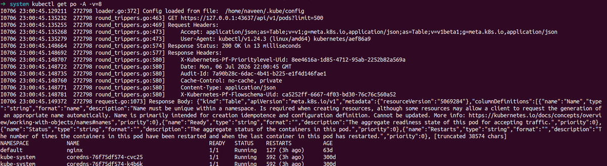 bot_golang's tweet photo. The kubectl command has a `-v` flag to control the logging verbosity. This is useful for debugging when kubectl fails. For example, log level 8 display the http request contents.
`kubectl get po -A -v=8` prints the following output
#kubernetes #kubectl https://t.co/tQbRI9kwZS