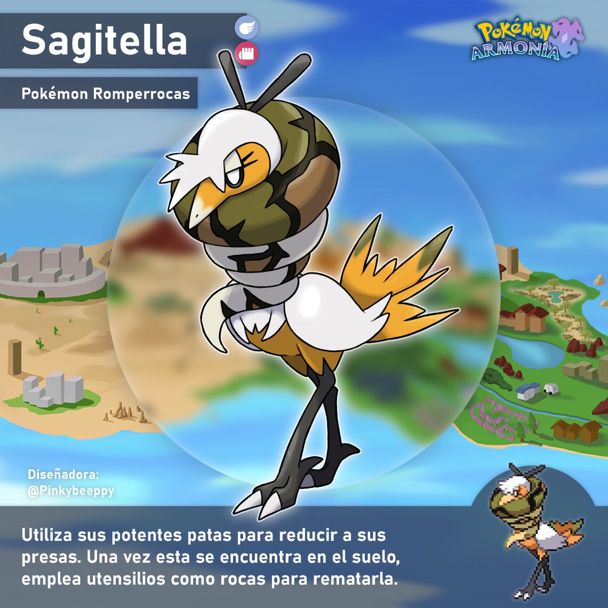 PkmArmonia's tweet photo. ¡Desde los matorrales aparece un Sagitella!🦩💥

Este Pokémon es un cazador especializado en atrapar Sandaconda. Su punto fuerte son las patadas, ¡así que mucho cuidado! 👀

¿Llevaréis a Sagitella en vuestro equipo final? #PkmnArmonia https://t.co/rNBqGqvrvk