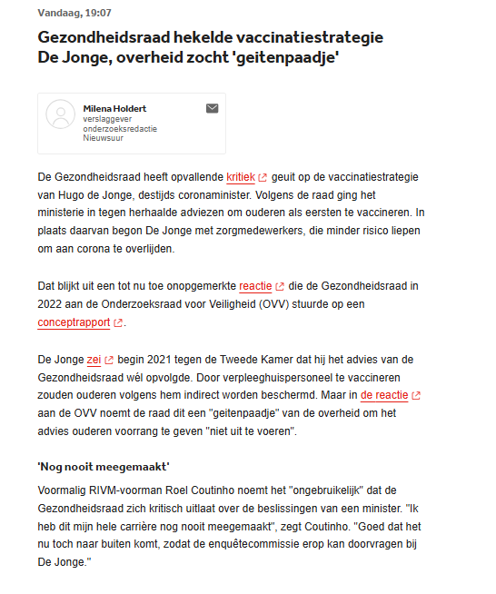 dancalegria's tweet photo. De Jonge wordt dadelijk zogenaamd hard aangepakt. Vandaag was al te zien dat het advies "Dansen met Jansen" bij de Jonge vandaan kwam en dat dat niet klopte met de adviezen. (Verhoor Marjolijn Sonnema)

Vandaag bij de NOS, de Jonge ging tegen het advies in van de gezondheidsraad! Hij wilde zorgpersoneel injecteren om ringbescherming te creeren, maar dat stoelt op transmissie reductie en dat was nog helemaal niet duidelijk.

Heerlijk als de instituten elkaar afvallen. De GR doet alsof zij altijd al kritisch waren. dit proberen zij te bewijzen via een transcriptie van een bespreking van 23 dec 2020. https://t.co/EzGIkF653g

Dat lijkt heel stoer, maar waarom konden we dat dan niet in het advies terug lezen? Want dat is wat de GR nu claimt.

Er lijken een paar dinegn door elkaar te lopen. In mei 2021 komt de GR alsnog met een advies over transmissie, terwijl er dan ook geen bewijs is dat het daar tegen helpt (spoiler alert, dat bewijs zal er ook nooit komen)
https://t.co/IXFf8jCWUy

Zie volgende post