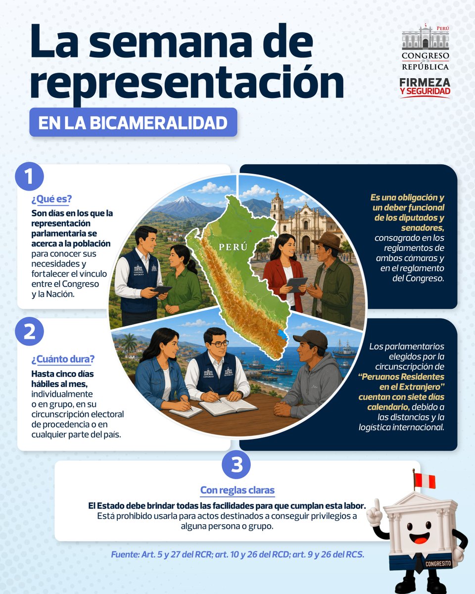 congresoperu's tweet photo. ¡Fortalecer el vínculo con la ciudadanía también será parte de la labor parlamentaria! 🗣️🇵🇪 Conoce cómo funcionará la #SemanaDeRepresentación en la bicameralidad. 🏛️✨ https://t.co/qB6nXmSnNa