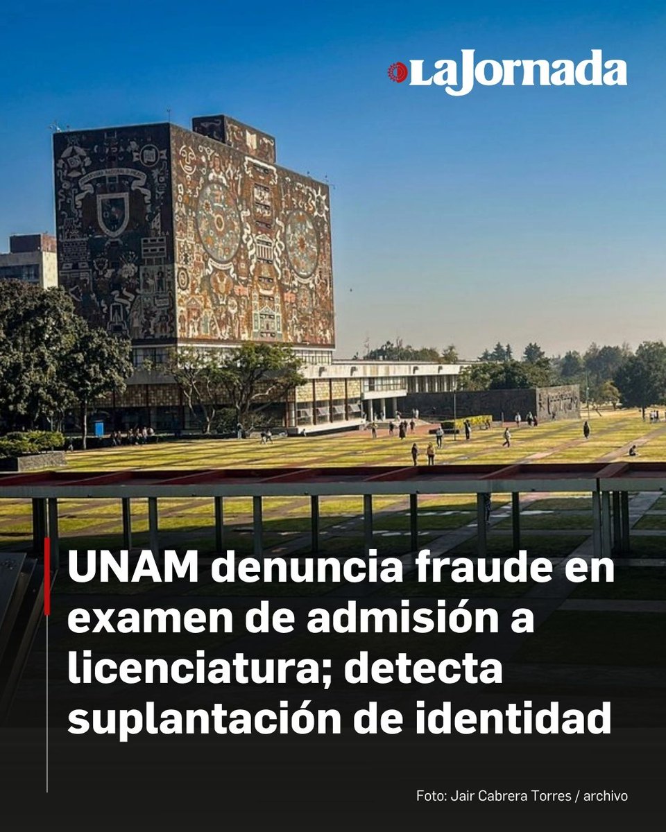 lajornadaonline's tweet photo. 🏫 La Universidad Nacional Autónoma de México (UNAM) presentó una denuncia penal ante las autoridades judiciales de la Ciudad de México para que se investiguen y sancionen a empresas y personas que engañaron a familias y vendieron servicios fraudulentos para sustentar el examen de admisión a licenciatura.

La UNAM señaló que a través de la plataforma con inteligencia artificial que vigiló la aplicación de la prueba se pudo confirmar que hubo personas ajenas que intentaron suplantar la identidad de algunos aspirantes, además de otras prácticas ilegales, por lo que se espera que se haga una investigación penal contra quienes cobran por estafar a familias que querían asegurar el ingreso de sus hijos a la universidad.

Lee más aquí 👇
https://t.co/N3t82a0oVQ