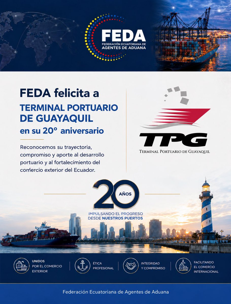 FedaEc's tweet photo. ⚓ 20 años moviendo al Ecuador hacia el mundo.
Desde FEDA felicitamos a Terminal Portuario de Guayaquil (TPG) por dos décadas fortaleciendo la infraestructura portuaria y la competitividad del comercio exterior.
¡Felicitaciones por este gran hito! 🇪🇨
#FEDA #TPG #20Años https://t.co/T8DQhtpqrB