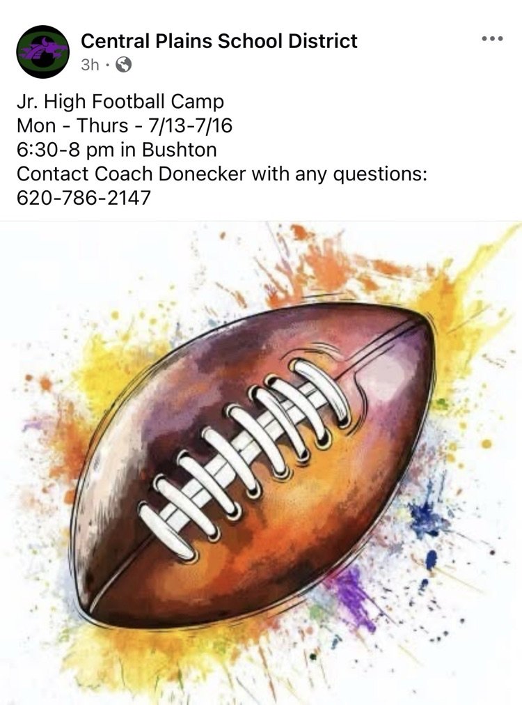 activites_chase's tweet photo. Junior high football camp will be next week Monday-Thursday in Bushton from 6:30pm-8pm. Please contact Coach Bauman if your child would like to attend and we will arrange transportation. https://t.co/RnwiJsQPb4