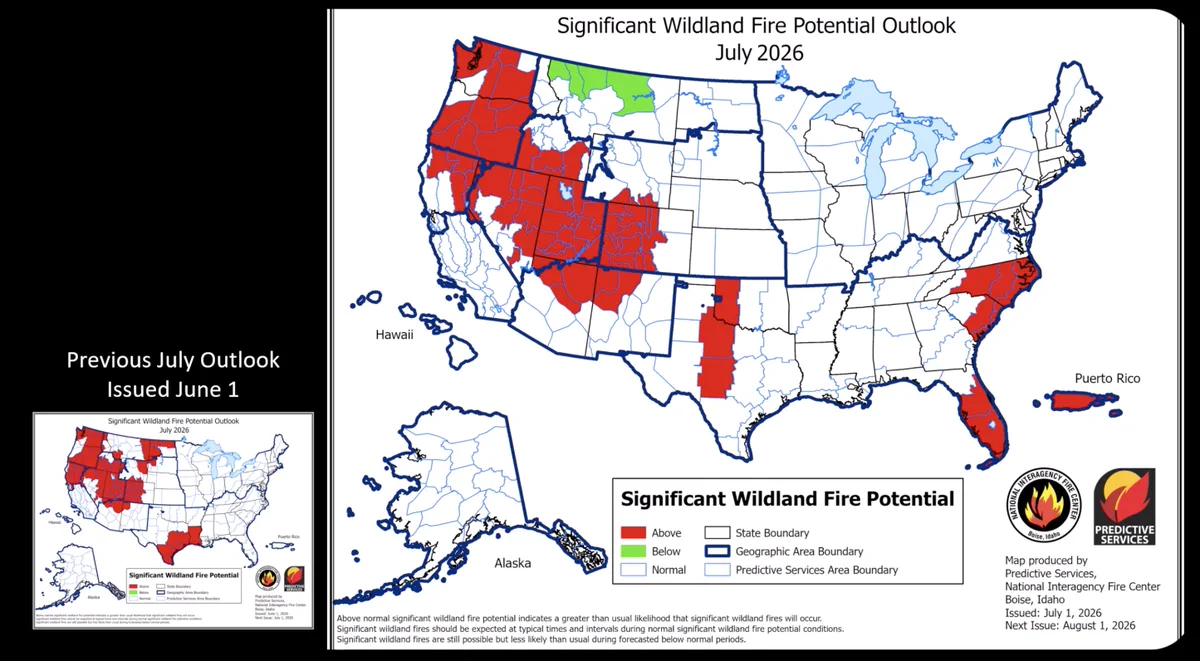 Map of Significant Wildland Fire Potential for July 2026 showing above average for much of the western US, central Texas, south Florida, the Carolinas and Puerto Rico; below average for northern Idaho and Montana; average for the rest of the country.