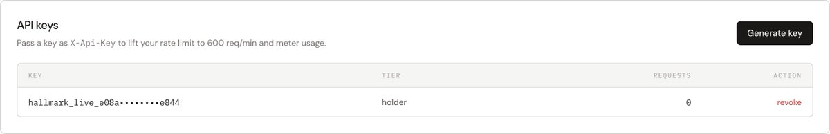 HallmarkGrid's tweet photo. API keys are live in the dashboard.

Sign in, generate a key, and your reads get higher limits with per-key usage you can watch. The free tier still works with no key at all.

https://t.co/LramEOnUnF https://t.co/Ut6ZY7dZc3