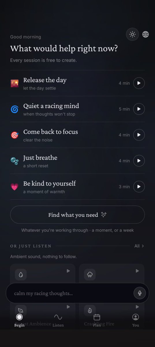 try_whitespace's tweet photo. Exciting news for @try_whitespace!

For the first time ever, we are now offering *every* single session meditation for free.

Every session lets you go deeper with your practice with a 7-day custom program or "arc" designed just for you.

Also check out our brand new experience. https://t.co/YexrTYl4K0