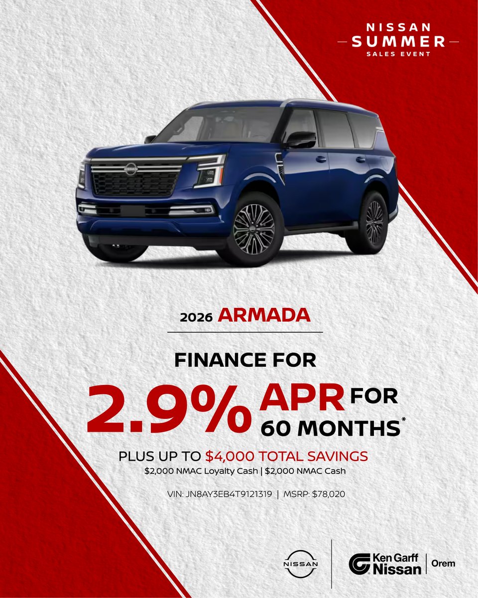 KGNissanOrem's tweet photo. 🚗✨ Drive into savings! Grab the 2026 Armada with 2.9% APR for 60 months + up to $4,000 in total savings!

Shop now: https://t.co/iv9yolQSf9

*See dealer for details. Offer valid beginning 07/01/2026. Ends 08/03/2026. https://t.co/4ulFomOFNq