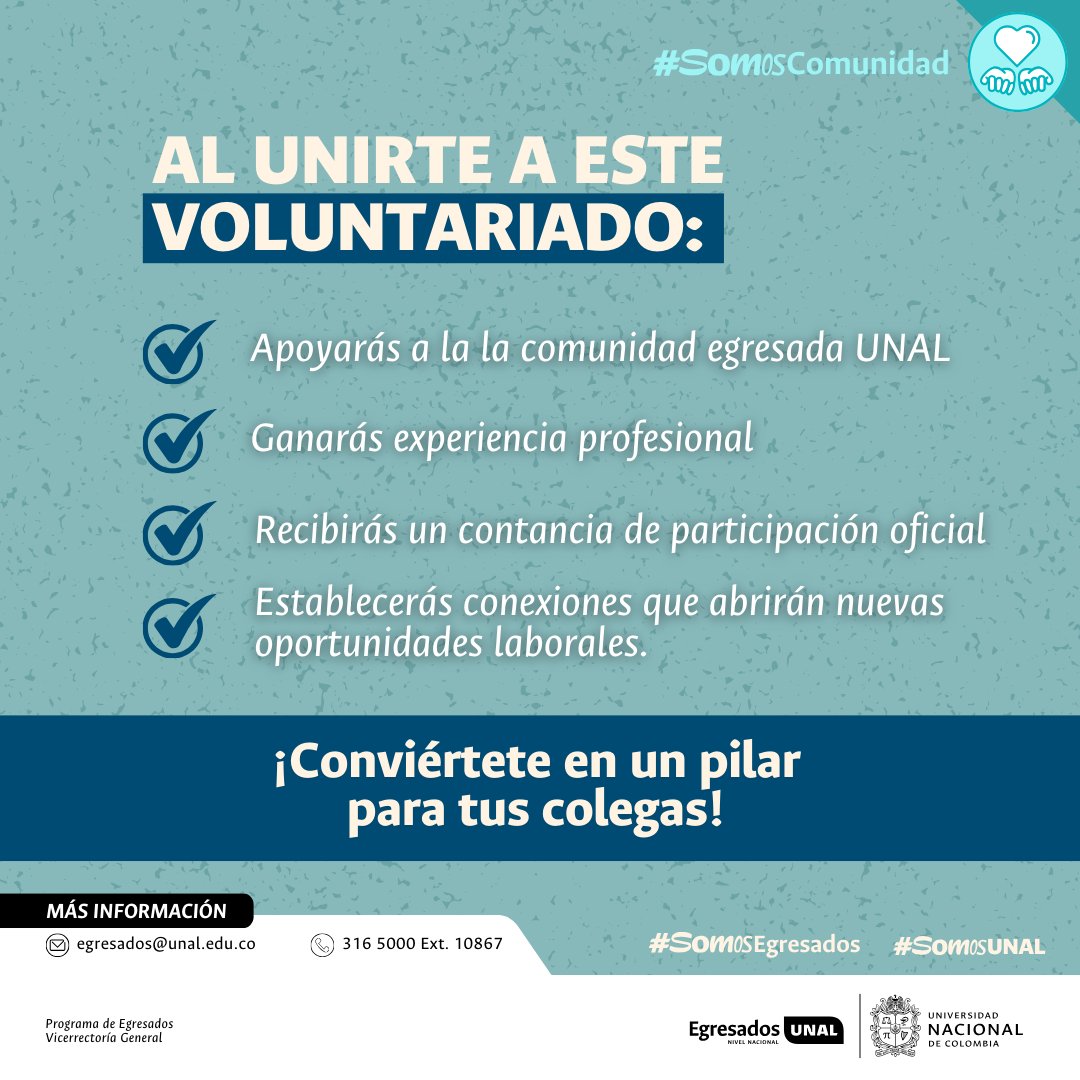 UNALOficial's tweet photo. #PsicólogosUNAL Al participar en el voluntariado de asesorías psicosociales, adquieres experiencia laboral y apoyas a la comunidad de #EgresadosUNAL con tus conocimientos y habilidades. 🧠 Conoce más información aquí: https://t.co/izIUgnlVJX | @EgresadosUN_Nal https://t.co/q5KD8faNdv