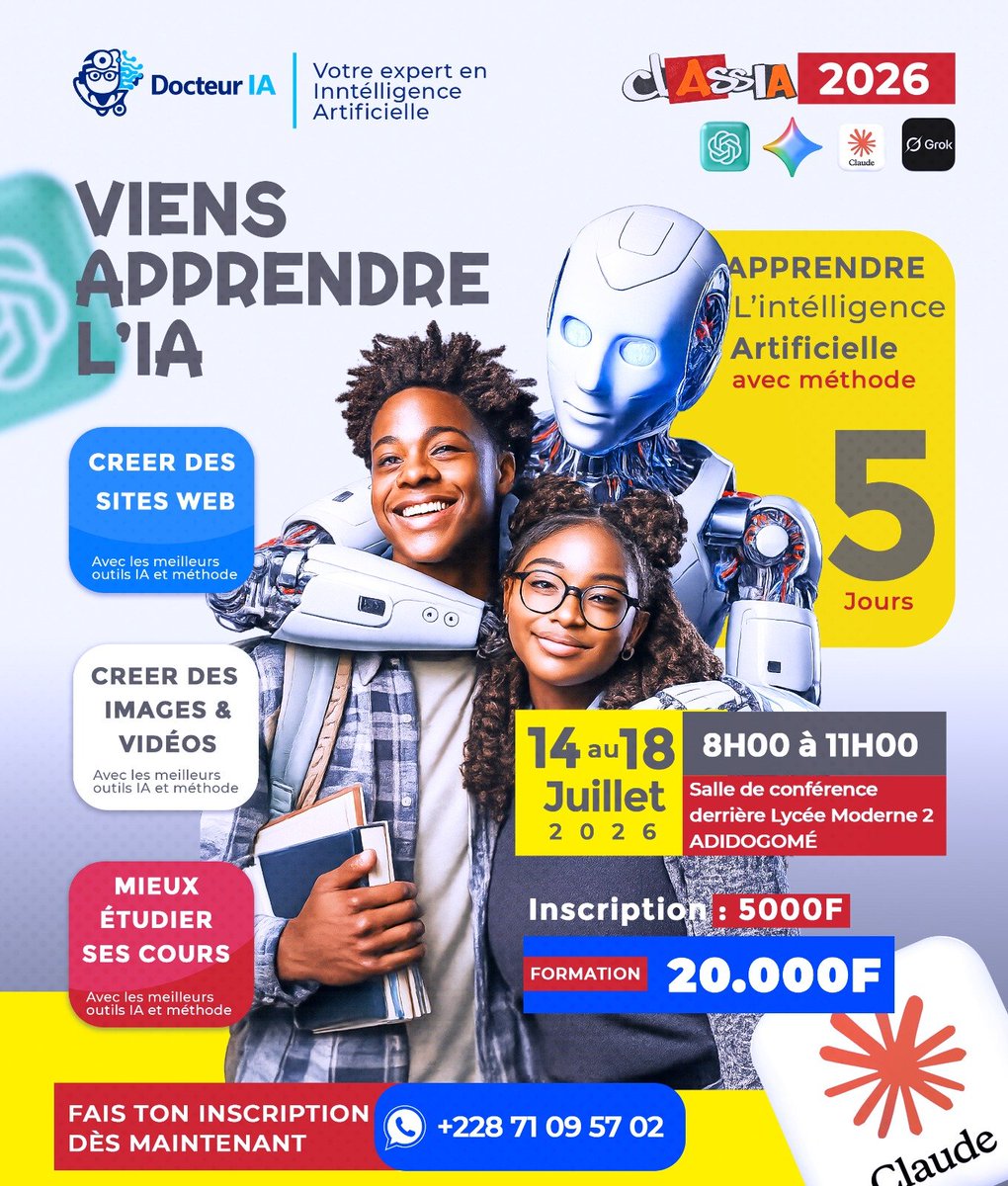 farida_biao's tweet photo. L'Intelligence Artificielle est en train de transformer les métiers,les entreprises et les opportunités. Rejoignez la Formation Pratique en IA – ClassIA 2026 https://t.co/Z5iS65IWhX

Bénéficiez d'une réduction 10% avc le Code promo: BIAO26CLASSIA
#togo #DigitalAfrica https://t.co/knntxDRiSN