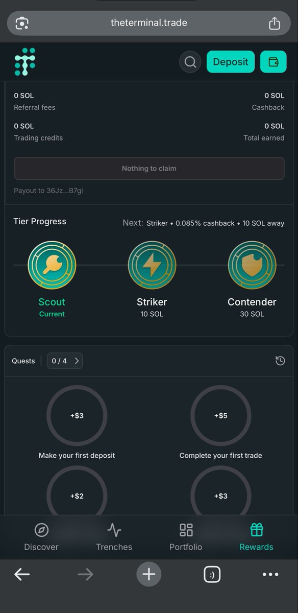 LarrySniper61's tweet photo. @_TheTerminal_ My favorite is definitely the Rewards/Tier system showing Scout level with upcoming Striker cashback and simple quests (+$3 first deposit etc.)

Such a thoughtful way to reward users right from the start. 

One word: Smart 🏆 https://t.co/2HvR5LO6oQ