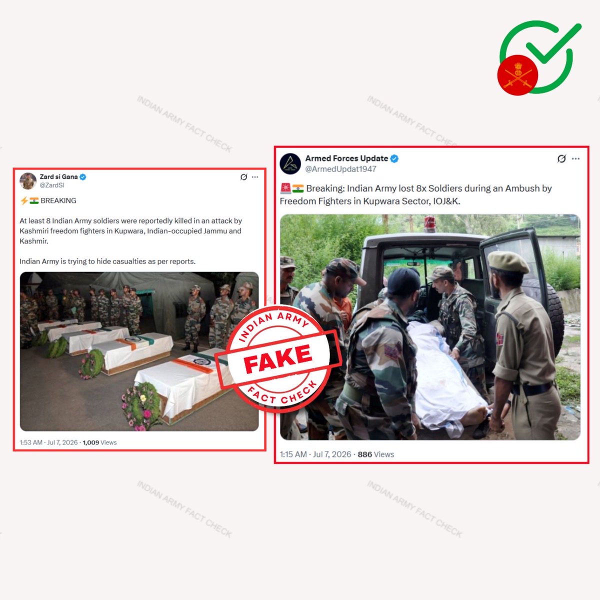 MythbusterXX's tweet photo. 🚨 Bust the Bluff

❌ Pakistani propaganda handles impersonating Indian users are spreading fabricated claims that at least eight Indian Army soldiers were killed in a terrorist attack in #Kupwara, Jammu & Kashmir. They are also using old images to falsely project a major attack.

✅ FACT: These claims are completely false. There is NO verified, credible, or official report of any such incident in Jammu & Kashmir in recent days.
https://t.co/bTBf7h8ieD

✅ While security operations are ongoing in the general Keran sector area of Kupwara, no attack causing the claimed casualties has occurred.

🎯 Disinformation Pattern: Pak networks take routine security operations + old images → invent “major Army casualties” → push fake urgency to create panic and target the image of Indian Armed Forces.

⚠️ Always cross-check with official Indian Army and J&K Police sources before sharing. Don’t become a tool for enemy propaganda.

#FactCheck
#IndianArmy
#FakeNews
@adgpi
@NorthernComd_IA
@ChinarcorpsIA
@PRODefSrinagar
@GoI_Meity