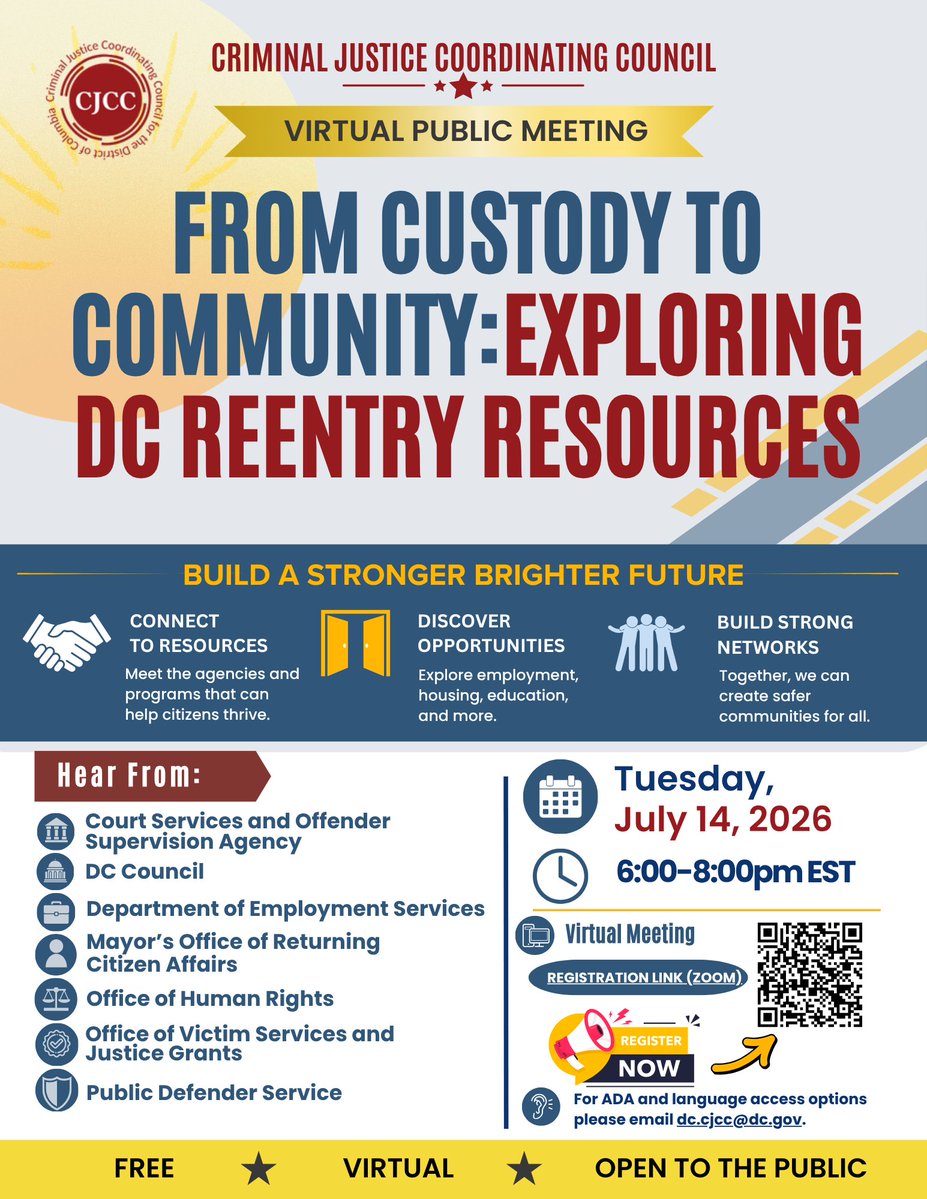 DC_CJCC's tweet photo. Do you want to know more about reentry resources in the community? Join us for a VIRTUAL public meeting on July 14 to hear from @DC_CSOSA @councilofdc @DOES_DC @MOAAA_DC @OVSJG_DC @DCHumanRights and the Public Defender Service! 

Register here: https://t.co/3JkMl224HS https://t.co/rcTxP5ohZS