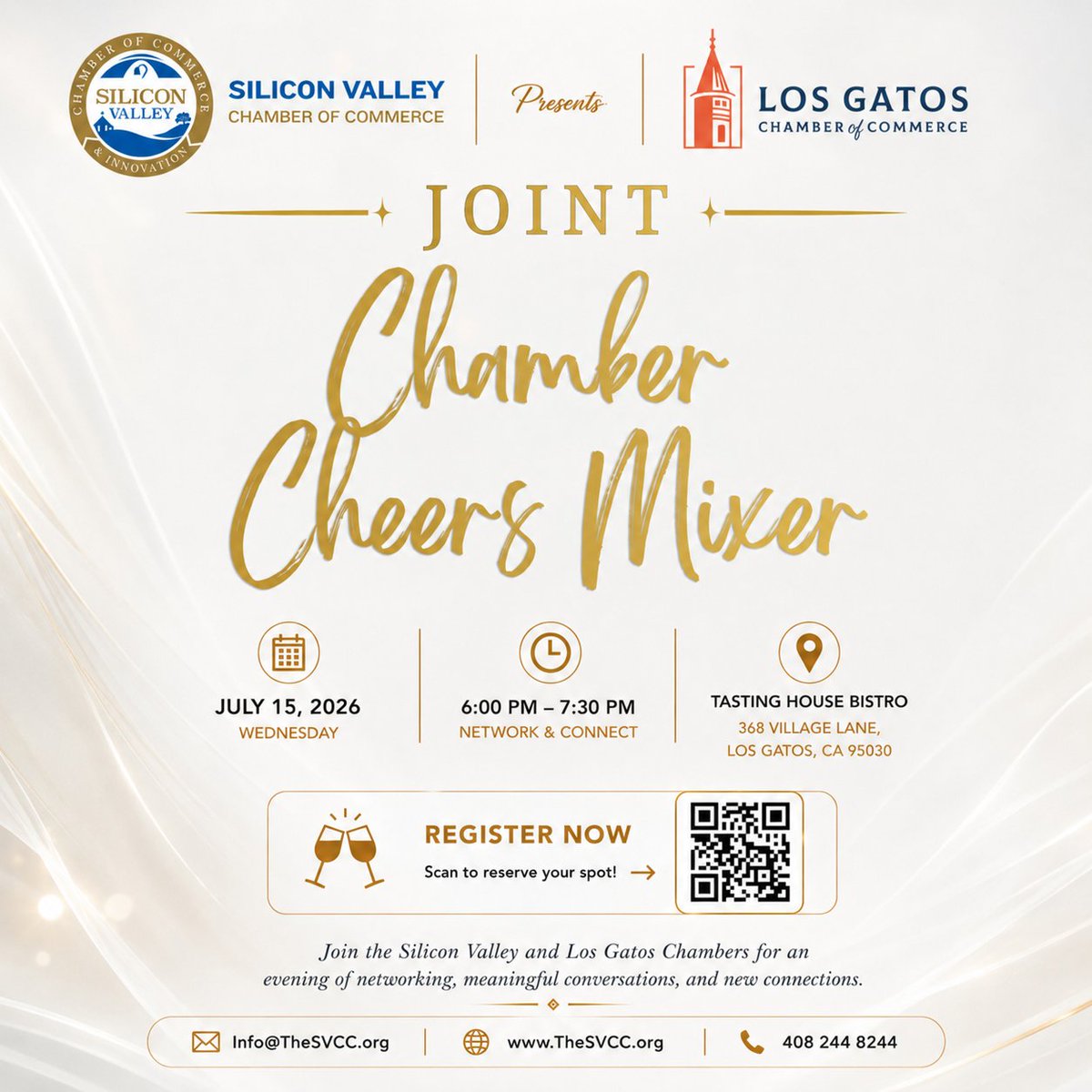 SVCChamber's tweet photo. 🥂 Joint Chamber Cheers Mixer!
Join the Silicon Valley &amp; Los Gatos Chambers for an evening of networking &amp; new connections.
📅 July 15, 2026
🕕 6:00–7:30 PM
📍 Tasting House Bistro, Los Gatos
Reserve your spot 👉 https://t.co/ZWww2RG6a8
#Networking #LosGatos https://t.co/gyU7GUM3eY
