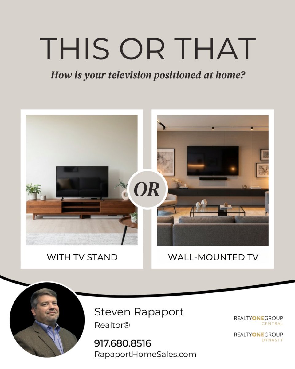 steve_rapaport's tweet photo. How do you display your TV at home?

Do you prefer a TV stand for a classic touch and additional storage, or do you opt to mount your TV to save space and achieve a modern aesthetic?

#thisorthat #livingroomdesign #tvstand https://t.co/0vjJiMr85k