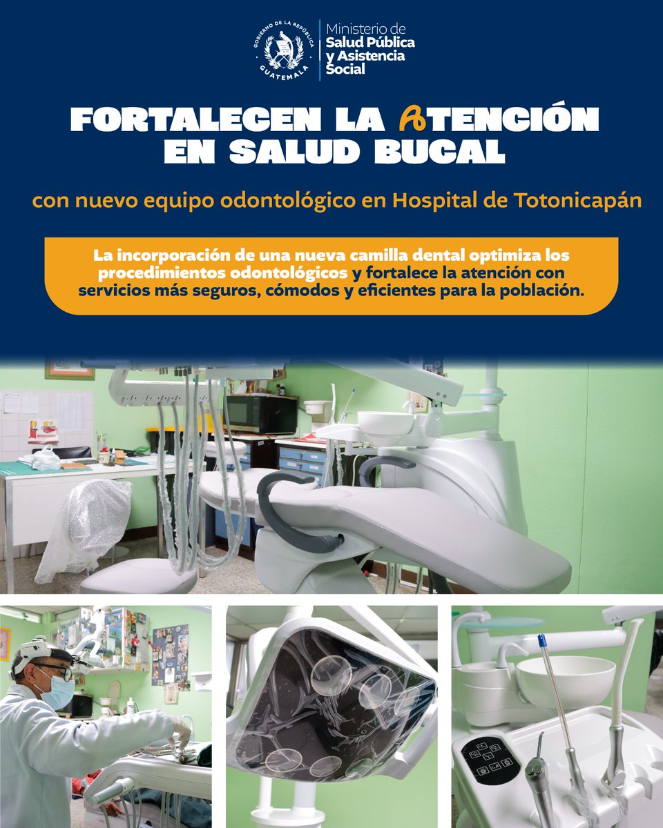 MinSaludGuate's tweet photo. 🦷 Fortalecer el equipamiento hospitalario contribuye a brindar una mejor atención a la población.

Con la incorporación de una nueva camilla dental, el Hospital Departamental de Totonicapán mejora las condiciones para la atención odontológica, favoreciendo servicios más cómodos, seguros y de calidad para los pacientes.

Conoce más detalles aquí: https://t.co/UUsvmw8pFk