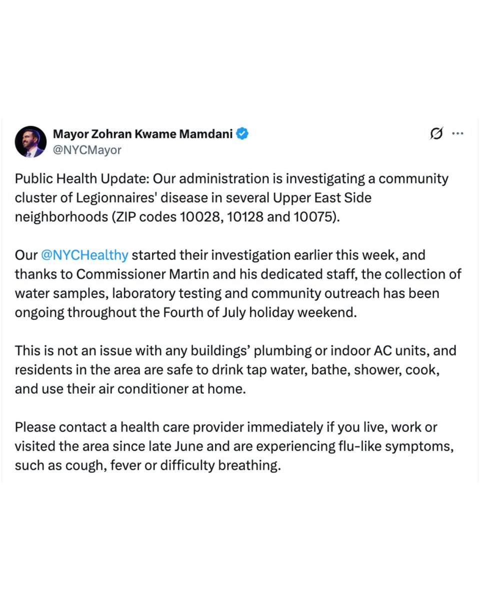 Complex's tweet photo. New York City health officials are urging anyone who has lived, worked, or visited parts of the Upper East Side since late June to monitor for symptoms after a Legionnaires’ disease outbreak grew from two confirmed cases to 14 in just a few days. https://t.co/ly7yJIZsrz