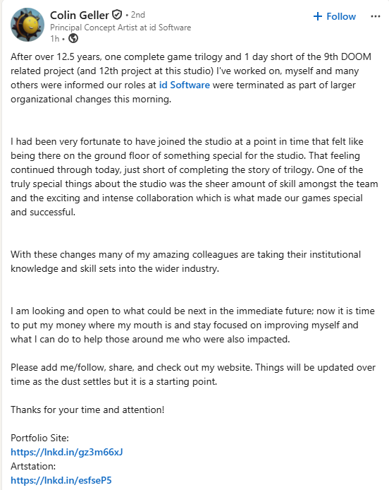 Hatovenant's tweet photo. Collin Geller, former Principal Concept Artist at id Software has also been laid off.

I’m at a loss for words. https://t.co/NYTRIQOBbv