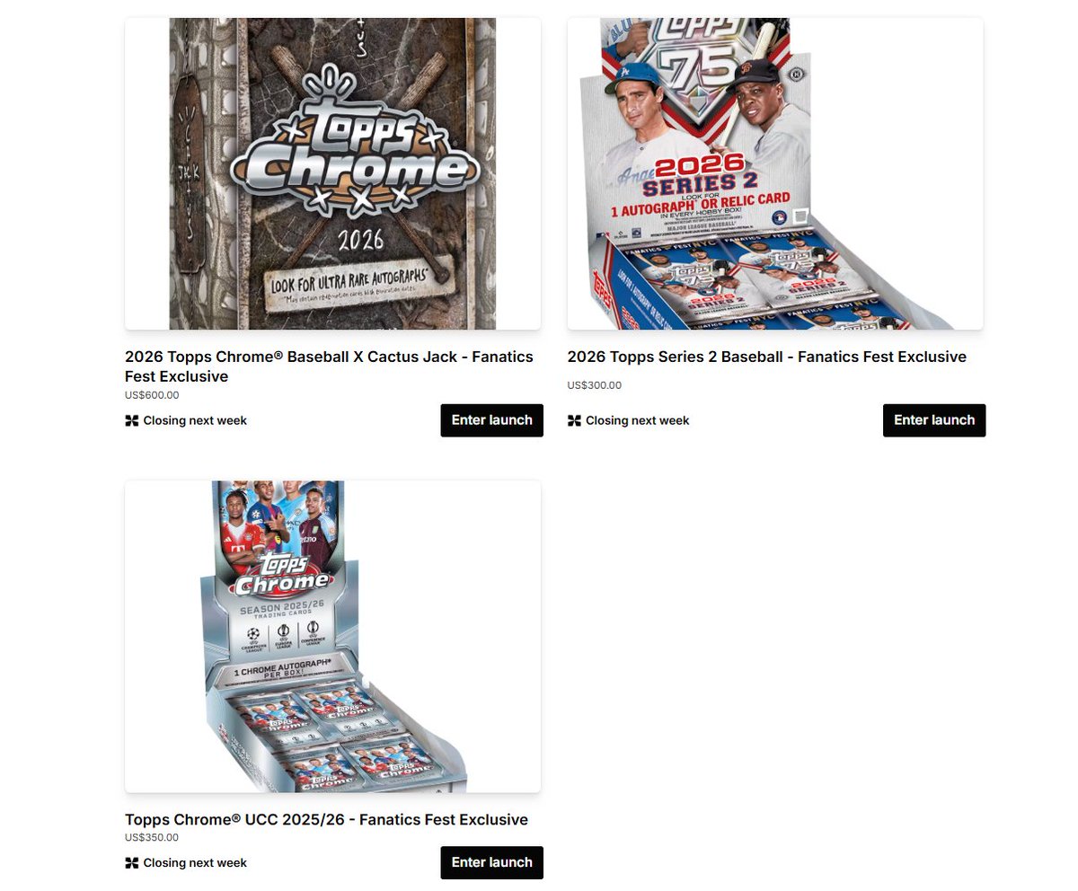 CardPurchaser's tweet photo. Three Fanatics Fest Exclusive EQL drops open now! 

You must have your Fanatics Fest Ticket Confirmation Number to enter! 

Topps Chrome® UCC 2025/26
2026 Topps Chrome® Baseball X Cactus Jack
2026 Topps Series 2 Baseball 

Enter Here: https://t.co/6lTZk9rqMY https://t.co/i1H0FVD3ci