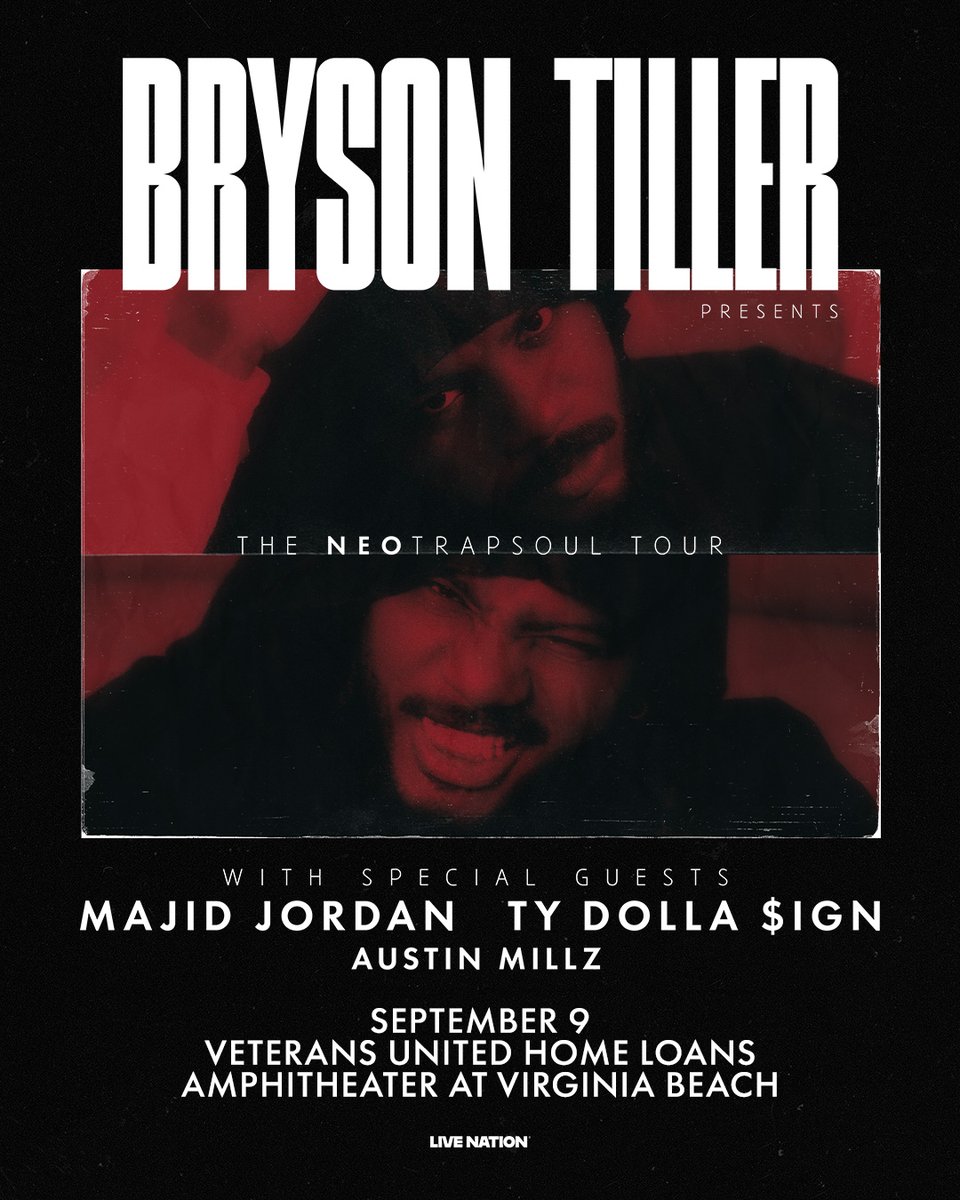 Hot91Online's tweet photo. Tickets on sale NOW for @BrysonTiller Presents: The Neo Trapsoul Tour at @VABeachAmp Veterans United Home Loans Amphitheater on 9/9!

With special guests @MajidJordan @TyDollaSign and @AustinMillz. Don’t miss it! https://t.co/QfUm4EXTbx https://t.co/UHigNexuTY
