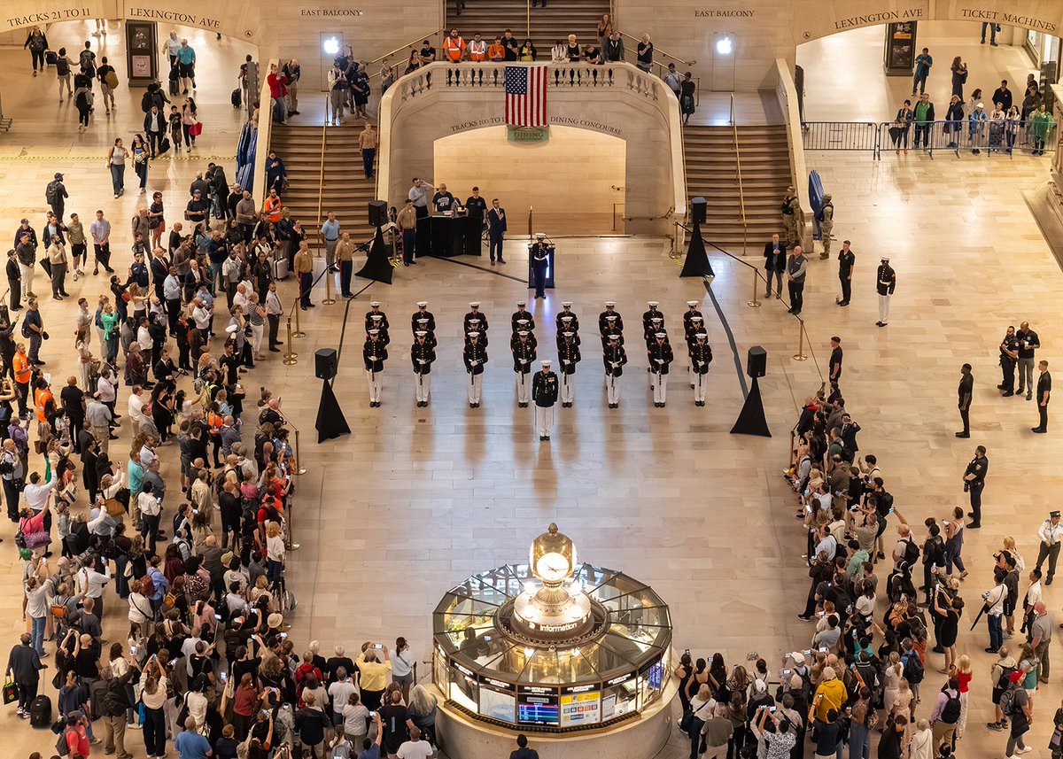 MetroNorth's tweet photo. Today, Grand Central Terminal served as the backdrop for a special commemoration of America's 250th anniversary alongside the renowned United States Marine Corps Silent Drill Platoon.

Visitors also had the opportunity to see Metro-North's Locomotive 250, created in honor of America's 250th anniversary, and Locomotive 216, which pays tribute to our nation's veterans.
