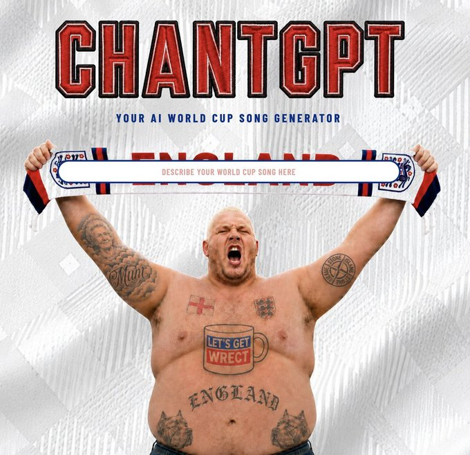 devvy0x's tweet photo. INSANE!!!!  

a cracked dev created an AI-powered World Cup anthem generator, users can describe their team and get a real song back with lyrics/music 

called ChantGPT https://t.co/AV3mzU7YQE

perfect narra with world cup rn
https://t.co/21YqaSuJdF https://t.co/wCRQygGIri