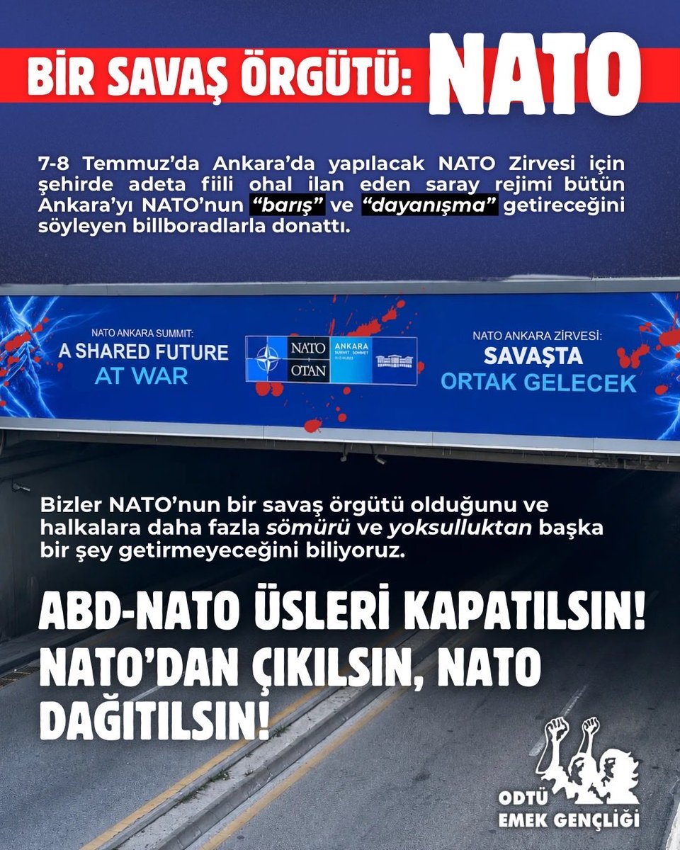 eg_odtu's tweet photo. ABD-NATO ÜSLERİ KAPATILSIN!
NATO’DAN ÇIKILSIN, NATO DAĞITILSIN! https://t.co/Qcw4GVbsuM