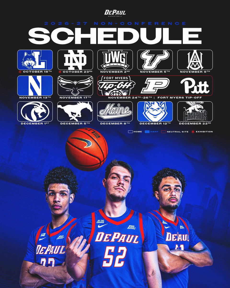 NickPalazzolo5's tweet photo. BREAKING: DePaul has released their non-conference schedule. A great but tough non-conference slate for Holtmann’s third season. 

“This is no doubt the most challenging non-conference schedule we’ve put together in our three seasons at DePaul and I’m not sure it’s close to be honest,” said Holtmann. “Playing four teams that competed in last year’s NCAA Tournament, along with the overall quality of all our opponents, will challenge our team from day one. It’s something we are excited about. The goal is to best prepare ourselves as we compete in what we believe will be one of the best conferences in college basketball this season in the BIG EAST Conference.”
