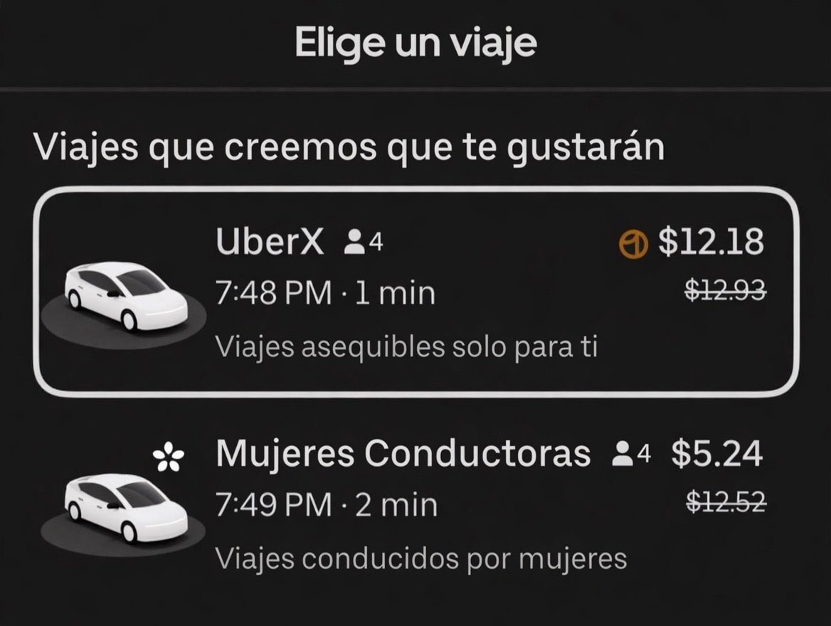 ihyRxsh's tweet photo. ¿Alguien me explica por qué si el viaje es con una conductora mujer cuesta casi la mitad? 🤔 https://t.co/F9L3EA1NTy