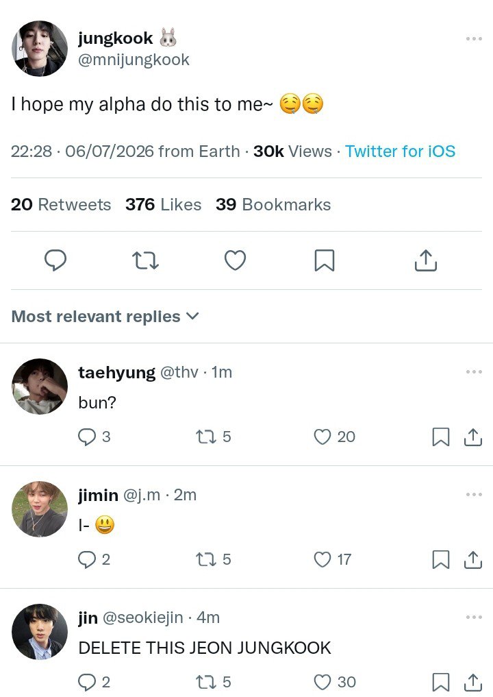 guqowrte's tweet photo. #taekookau 🔞

where omega jungkook is touch deprived of his shy alpha husband, taehyung and decides to reply to a horny post about foreplay except he forgot to switch to his private account. https://t.co/a7ky3gE3sV