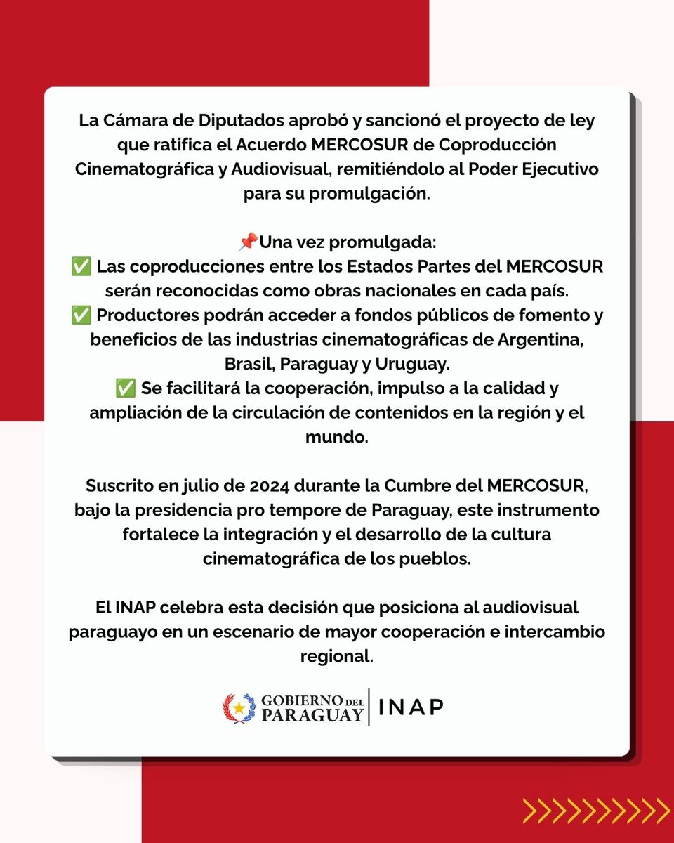 Inap_py's tweet photo. 🇵🇾🎬 @DiputadosPy sancionó el Acuerdo MERCOSUR de Coproducción Cinematográfica y Audiovisual.

A partir de la promulgación del Poder Ejecutivo, las coproducciones serán reconocidas como nacionales en Argentina, Brasil, Paraguay y Uruguay. https://t.co/F3HqWuo1Et