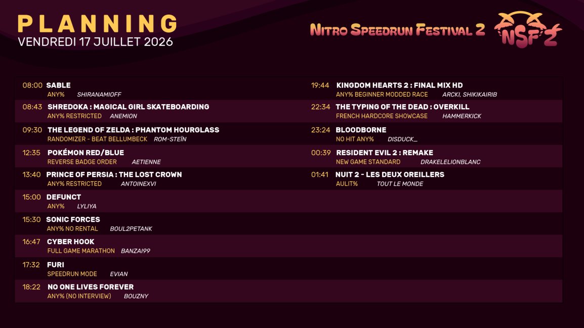 Nitro_Speedrun's tweet photo. 📢 Changement de planning NSF 

Suite à un contretemps, la run de Nier Automata du vendredi 17 juillet à 13h40 est remplacée par une run de Prince of Persia: The Lost Crown.

Pour rappel, le NSF c'est dans 10 jours ! 
Vous trouverez juste en dessous le planning à jour ⬇️ https://t.co/V68iTXnnRb