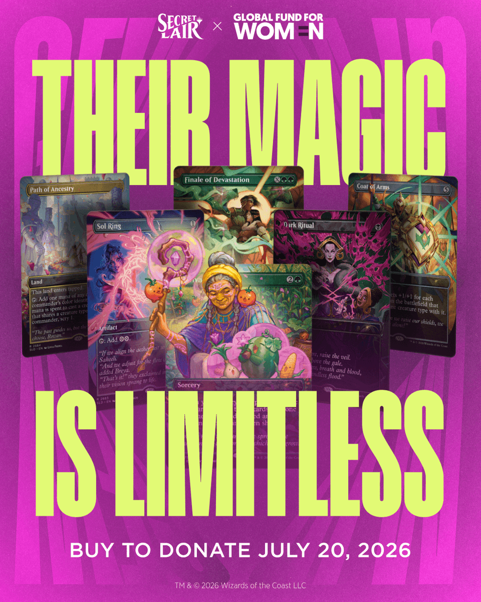MTGSecretLair's tweet photo. The magic didn’t make itself. Their Magic is Limitless was created by artists and designers at the forefront of making the game we love more equitable. Swipe to meet them, then get yours on July 20th. 50% of every sale goes directly to Global Fund for Women. https://t.co/ufFsmV8i62