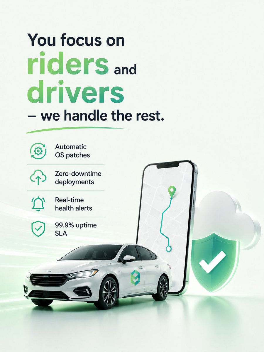 exicube's tweet photo. What managed services mean at Exicube: automatic OS patches, zero‑downtime deployments, real‑time health alerts, and a 99.9% uptime SLA. You focus on riders and drivers – we handle the rest. #uptime #mobility https://t.co/9lEBM35TUD