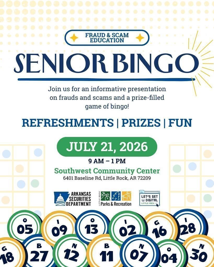 CityLittleRock's tweet photo. Another round of bingo is here! Join us, in partnership with the Arkansas Securities Department, for a presentation on practical tips to stay one step ahead of fraud and scams. Afterwards, enjoy bingo, prizes, refreshments, and fellowship with friends. #LetsGetDigital #LittleRock https://t.co/sCOGfcDyxk