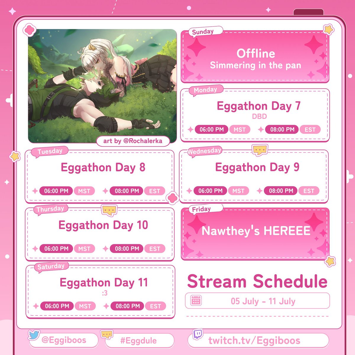 eggiboos's tweet photo. {The Breakfast Nook}
🗓️Eggdule for July 5th-11th🗓️
I have NO PLAN BUT STREAM ALL WEEK EXCEPT FRI CUZ NATE WILL BE HERE!! :3
{#eggdule}
☆〜Mon- Eggathon Day 7
☆〜Tues- Eggathon Day 8
☆〜 Wed- Eggathon Day 9
☆〜 Thur- Eggathon Day 10
☆〜 Sat- Eggathon Day 11 https://t.co/2PTuZ614wr
