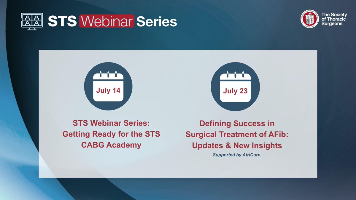 STS_CTsurgery's tweet photo. Join us for our upcoming webinars! 

👉STS Webinar Series: Getting Ready for the STS CABG Academy. Learn more and register: https://t.co/dJUUdzg9Nm

👉STS Webinar Series: Defining Success in Surgical Treatment of AFib: Updates & New Insights. Learn more and register: https://t.co/OKkr4PXWY9

@irbaz_hameed @AlexandraKhara1 @BobbyYanagawa @hunter_mehaffey