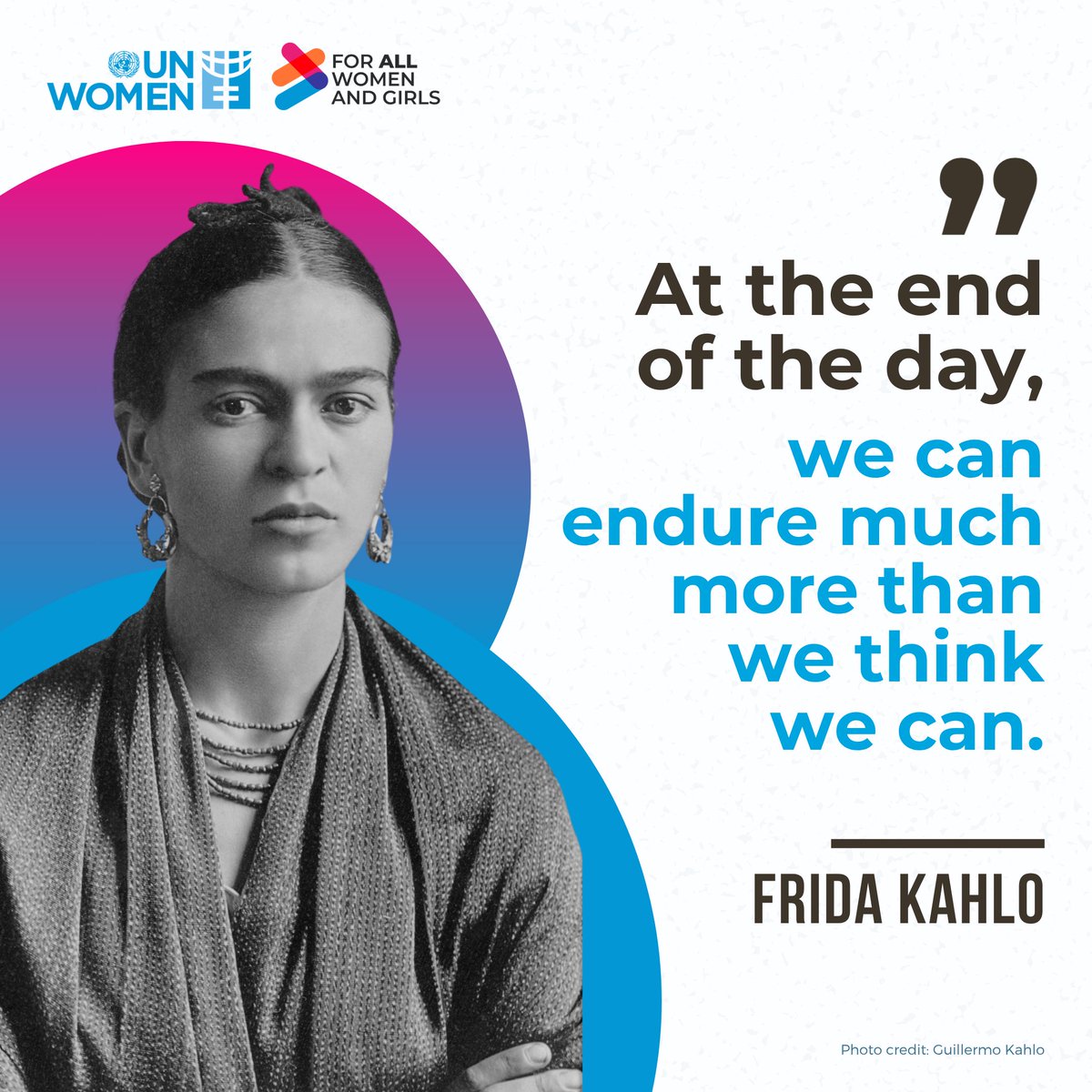 UN_Women's tweet photo. Today we remember Frida Kahlo, a brave and inspiring artist born #OnThisDay in 1907.

Long after her death, she remains one of the most prolific #WomenInArt.

Her legacy is a reminder #ForAllWomenAndGirls to be courageous and never give up on their passions.

#FridaKahlo https://t.co/GzvkQBz0Yp