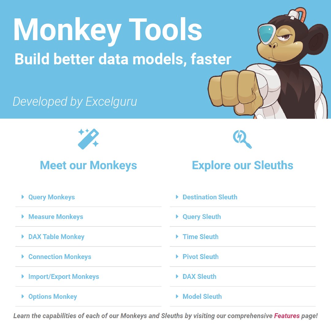 kpuls's tweet photo. Our Monkey Tools #add-in provides a broad set of features specifically for working with #PowerQuery and #DataModeling in Excel and #PowerBI. There are 2 kinds of tools:
🐵Monkeys - make things happen
🔎Sleuths - figure out what has happened
Learn more at https://t.co/XPwOnYs1os https://t.co/AanWBj5AOl