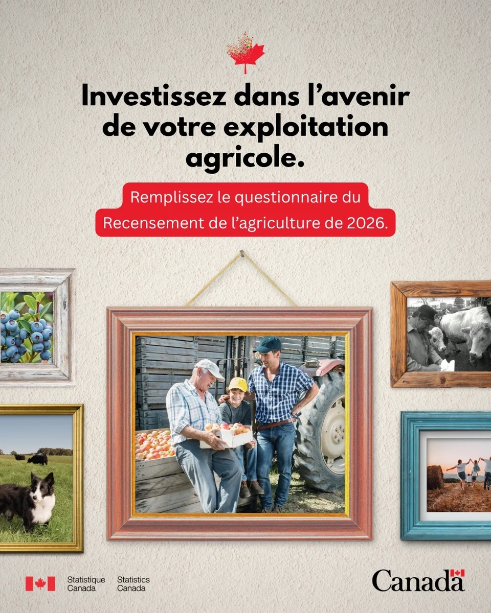 Investissez dans l’avenir de votre exploitation agricole.
Remplissez le questionnaire du Recensement de l’agriculture. L’image centrale montre trois générations de personnes dans un verger de pommiers.