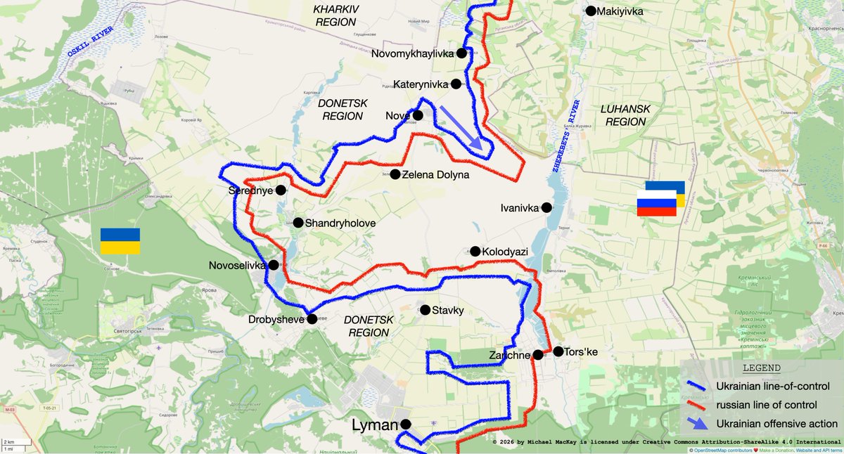 mhmck's tweet photo. Ukrainian defenders continue to advance in the northeast of Donetsk region, pushing the russian fascist invaders back to the Zherebets' River.

The russian salient in this sector is becoming known as the "Lyman pocket." The gap at the mouth of the pocket is only 5 km wide. https://t.co/zyjV65sjs4